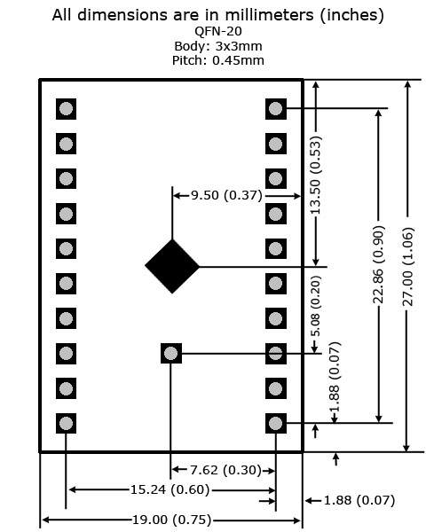 QFN-20 - 3x3 - P0.45 to DIP Adapter - Board Dimensions