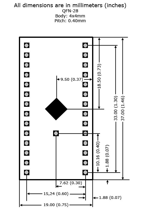 QFN-28 to DIP Adapter (4mm x 4mm - P0.40) - Board Dimensions