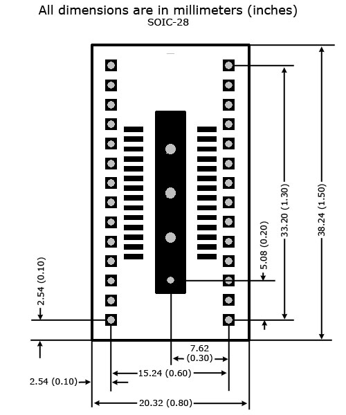 SOIC-28 to DIP Adapter - Board Dimensions