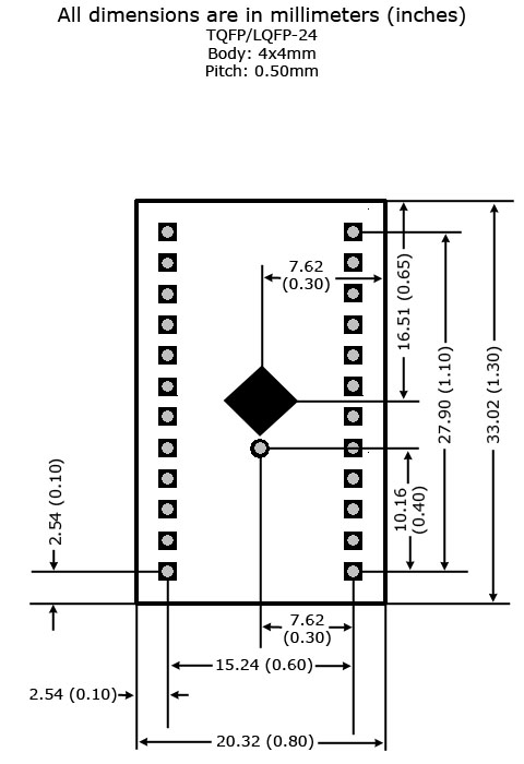 TQFP-24/LQFP-24 to DIP Adapter (4mm x 4mm - P0.50) - Board Dimensions