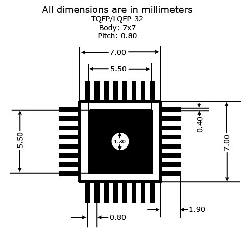 TQFP-32/LQFP-32 to DIP Adapter - Land Pattern Dimensions